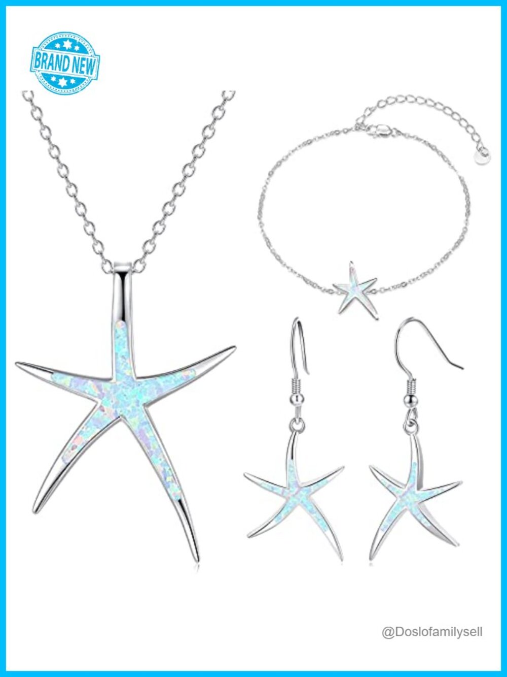 925 Sterling Silver Opal Starfish Jewelry Set Necklace Earrings Bracelet